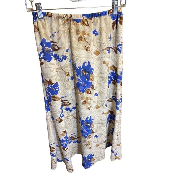 Vintage 90s BICE Blue White Tan Floral Elastic Waist Long Maxi Skirt Sz 8 - Picture 4 of 9